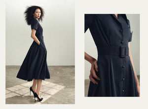 Side angle of ASHLEY Shirt Dress showing fluid movement and even hemline